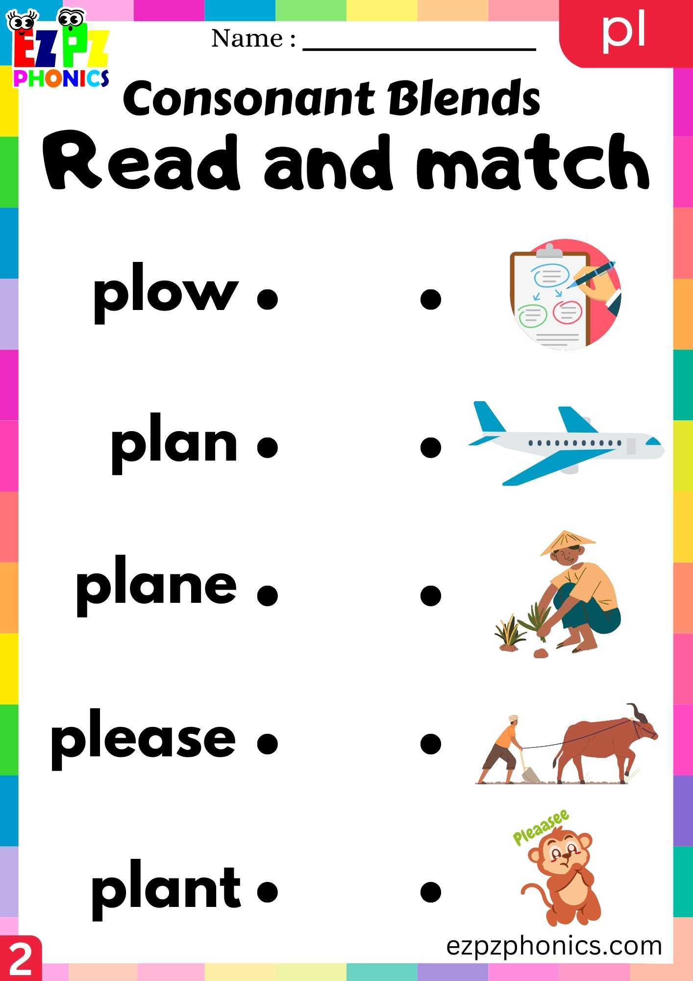 Group2 PL Words Read And Match Phonics Consonant Blends Worksheet